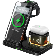 Dock Charging Station 5 in 1 with Alarm Clock & Nightlight (Black), Чорний