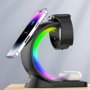 Безпровідна зарядка 3 в 1 T17 (iPhone + Apple Watch + AirPods) MagSafe RGB Light зі світильником Black