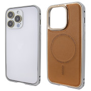 Чохол для iPhone 15 Pro Metal Bumpers PU Leather Case with MagSafe - Brown