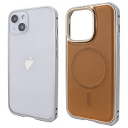 Чохол для iPhone 15 Metal Bumpers PU Leather Case with MagSafe - Brown
